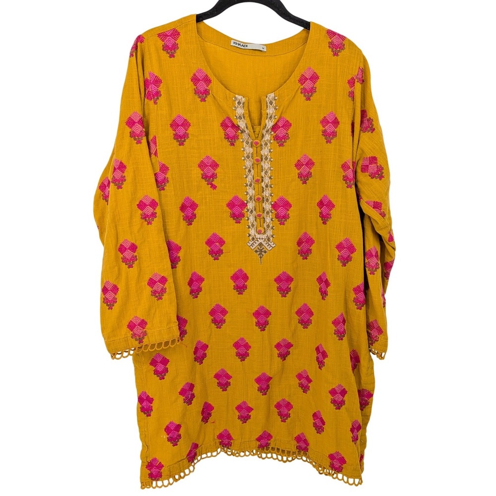 Khaadi Kurta Tunic Women 12 Yellow Pink Embroidered Cotton Long Sleeve Scalloped